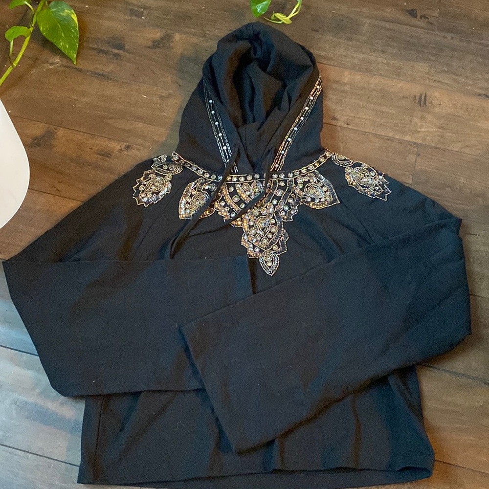 Unique Embroidered Crop Hoodie with Bell Sleeves